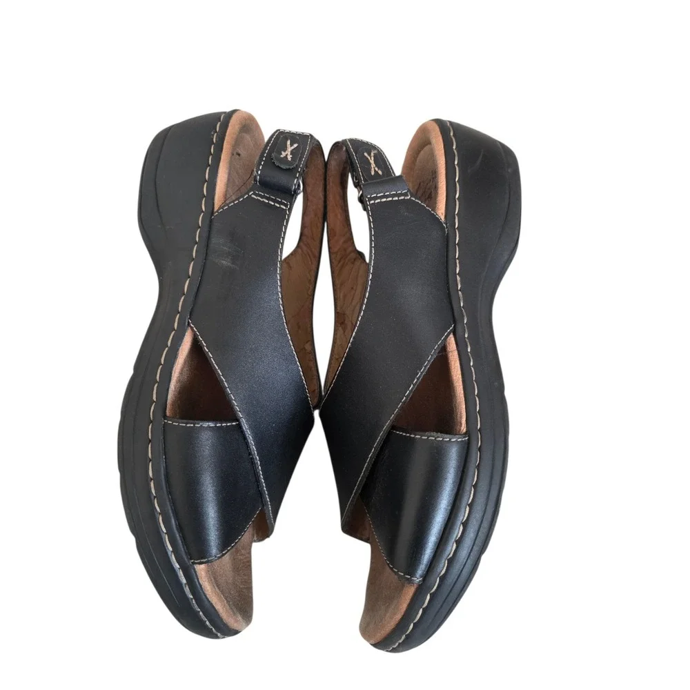 Clarks Collection Black Leather Slingback Wedge Sandals Womens‎ 9.5